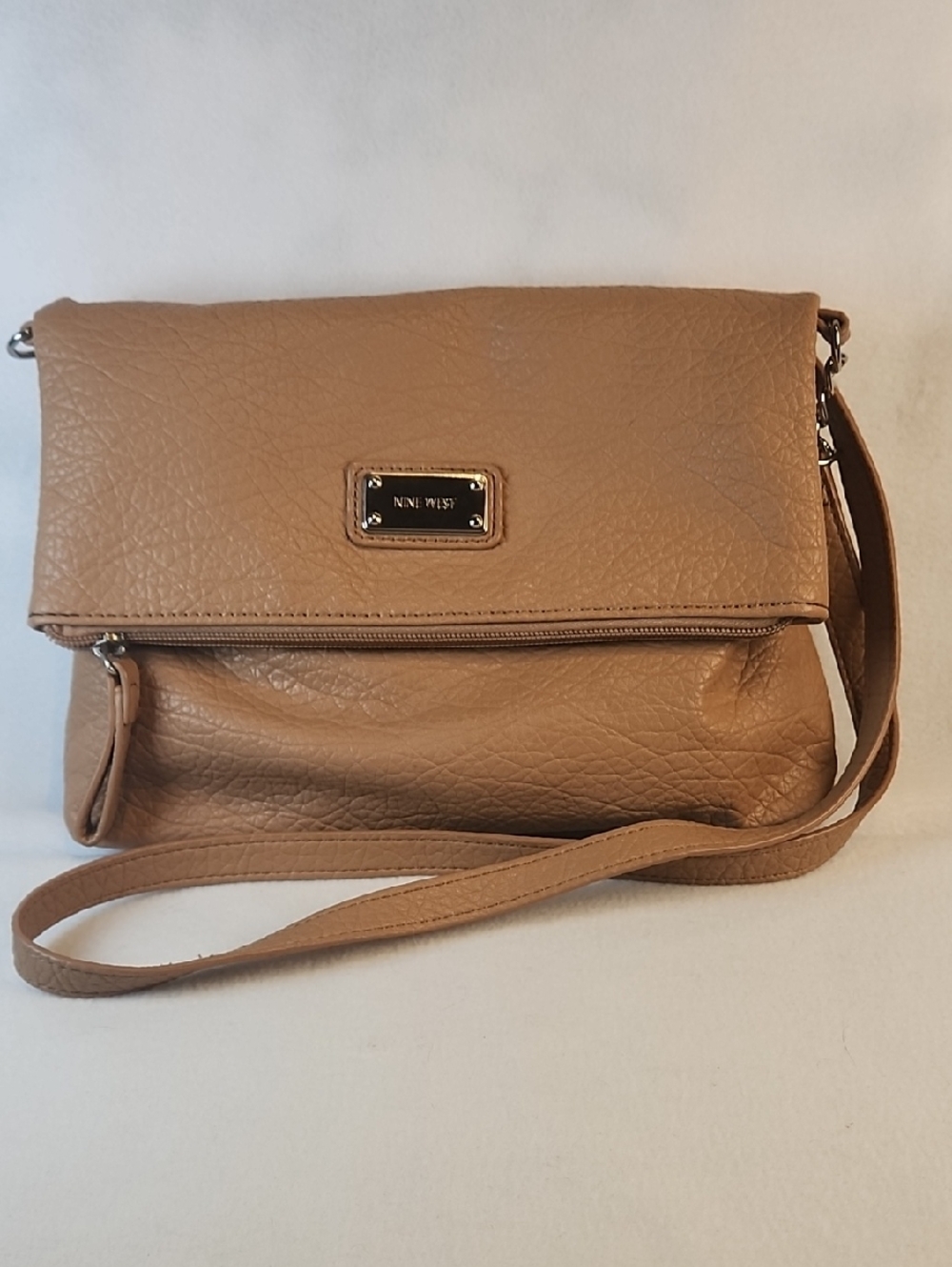 Nine West Tan Fold-Over Crossbody Bag with Front Zip